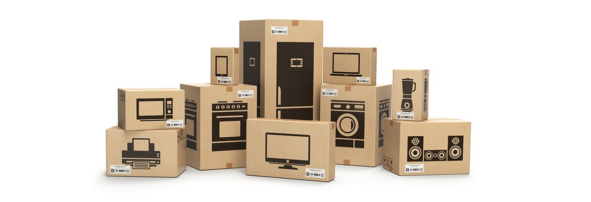 Kartons mit unterschiedlichen Geräten bedruckt
