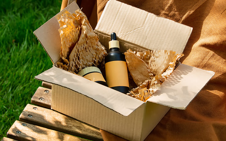 Karton gepolstert befüllt mit Produkten Karton gepolstert befüllt mit Produkten