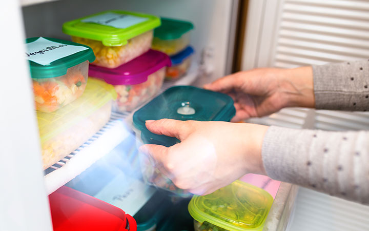 Frau legt Dosen in den Kühlschrank